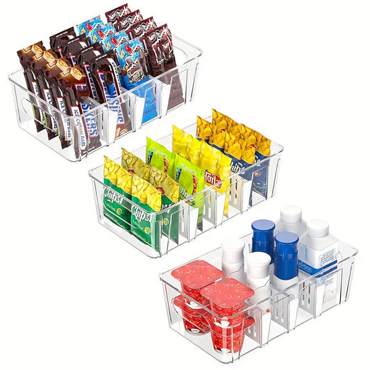 Clear Plastic Pantry Organizer Bins with Removable Dividers - Made of Food-Safe PET Material, Perfect for Kitchen Storage in Fridge, Countertop, and Cabinet - Great for Snacks, Beverages, and More - Ideal Kitchen Organizers for Storage