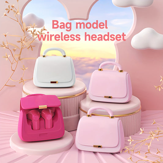 Handbag-shaped wireless headset featuring ENC voice noise cancellation, USB Type-C charging, crystal microphone, and rechargeable lithium polymer battery. Portable and cute design with