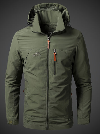 Men's lightweight hooded polyamide jacket with zipper closure and polyester lining, ideal for hiking and outdoor activities in the spring/fall season.