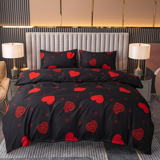 3-Piece Festive Bedding Set: Heart Pattern Duvet Cover and 2 Pillow Cases made of 100% Polyester 80gsm Fleece