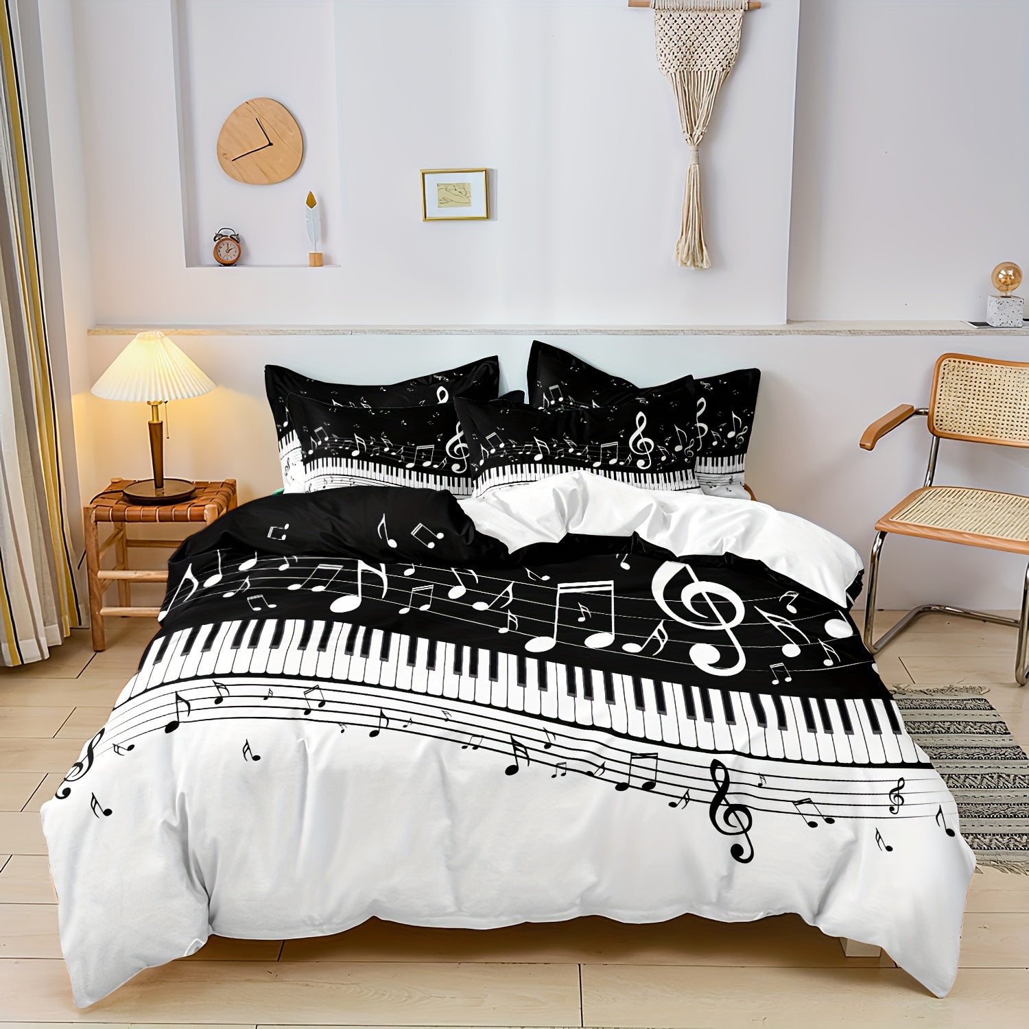 Minimalist American duvet cover with musical notes.