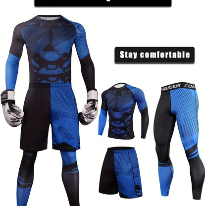 Men's 3-Piece Camouflage Sports Set with Muscle Fit Shirt, Pants, and Matching Shorts for Gym and Workout.