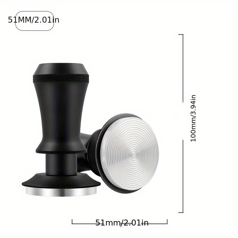 Coffee Tamper with 51/53/58mm Calibrated Size and Spring Loaded Design, Featuring Flat Stainless Steel Base in Black and Silvery Colors. Includes Two Springs for Firm and Even Tamping.