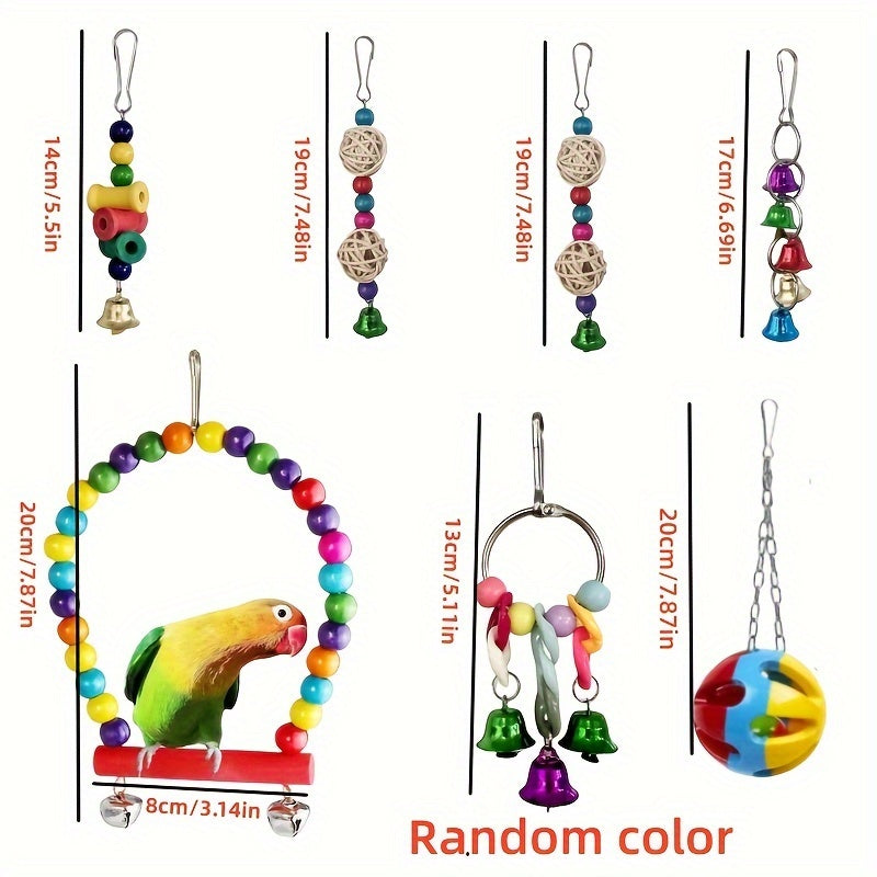 Bird toy set with swing, climbing ladder, stairs, colorful bells, and chew toys for small and medium parrots to relieve boredom and provide educational training. Available in sets of 3, 5