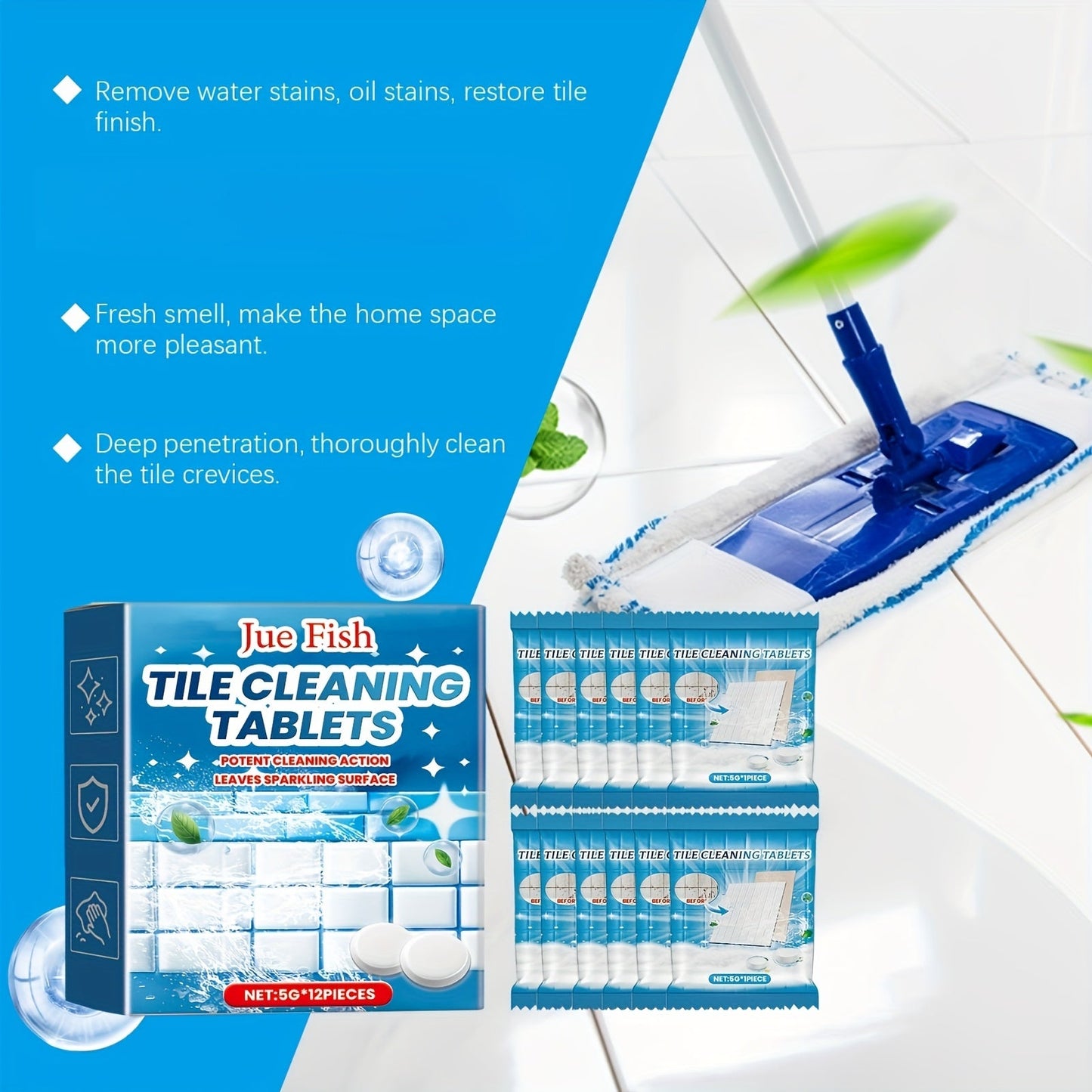 Effervescent tablets for cleaning tiles, suitable for use in the home, kitchen, toilet, washbasin, and walls. Effectively removes grime and scale, leaving tiles clean and bright.