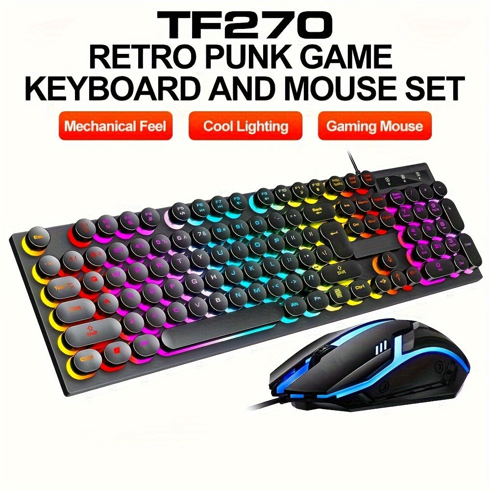 LED-lit wired keyboard and mouse set with mechanical feel for gaming and office use.