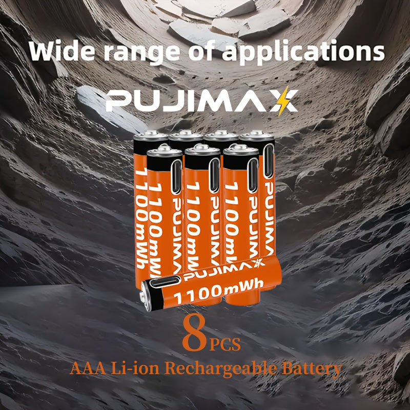 PUJIMAX AAA 1100mWh rechargeable battery with stable voltage and fast USB-C charging, suitable for various devices, includes a complimentary charging cable.