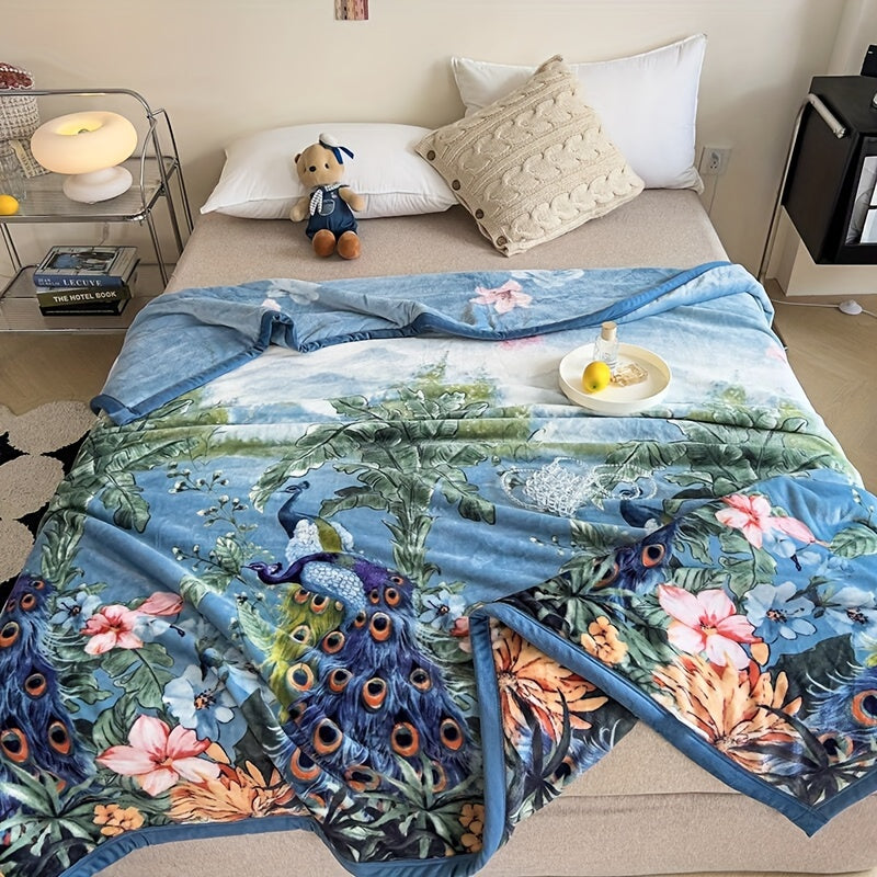 Ultra-soft Luxurious Peacock and Floral Coral Fleece Throw Blanket made from thick milk velvet for cozy naps, office use, and year-round warmth.