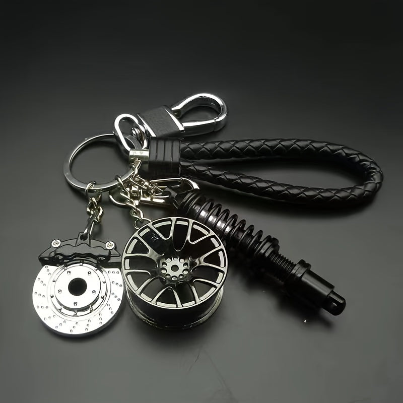 Keychains featuring car parts for car enthusiasts, stylish collectibles including black turbo, silvery gearbox, rainbow tire edges, red brake discs, and red spring shock absorbers. Perfect gifts for boyfriend car lovers.