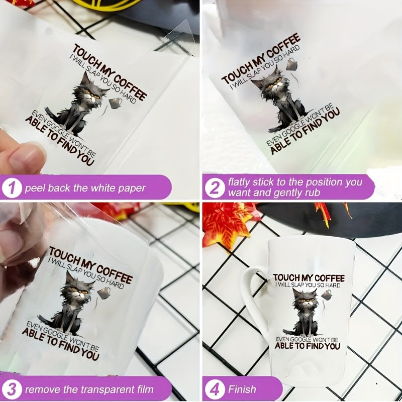 Set of 4 waterproof and UV resistant vinyl stickers with 'Touch My Coffee Cat' design, ideal for mugs and crafts.