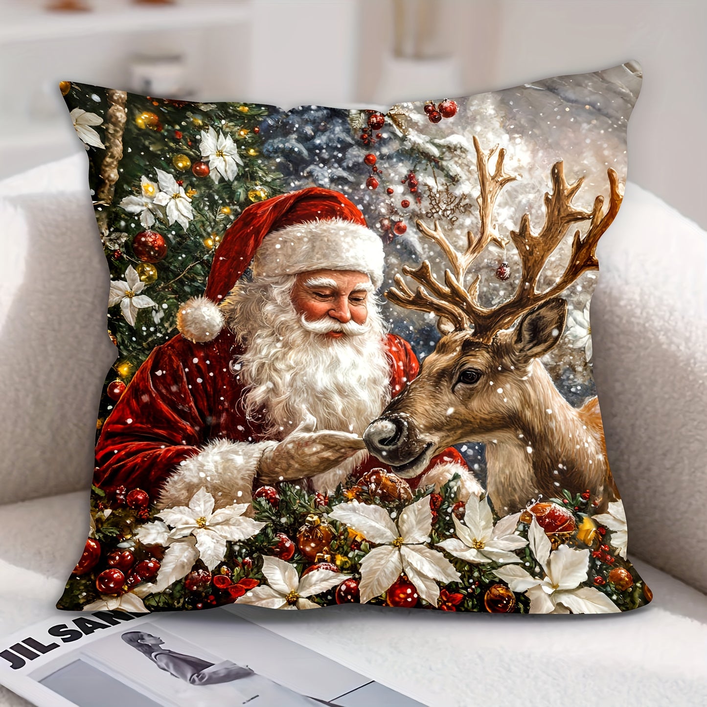 Zamonaviy Rojdestvo Santa va Qorqizlar naqshidagi yumshoq velur tashqi yostiq qopqog'i, zıppıq yopiq - 44.96x44.96 sm, mashinada yuvish mumkin, bitta tomonli bosma, polyester - 1 dona