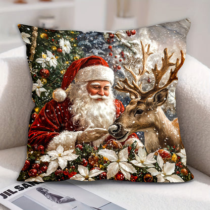 Modern Christmas Santa and Reindeer Pattern Soft Velvet Throw Pillow Cover with Zipper Closure - 44.96x44.96 cm, Machine Washable, Single-Side Print, Polyester - 1pc