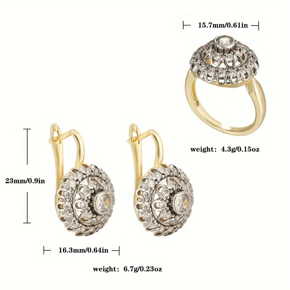 1 set of stylish 14K gold-plated copper jewelry with hollow cone design and synthetic zirconia. Includes cute street style earrings and ring, perfect for parties and holidays.