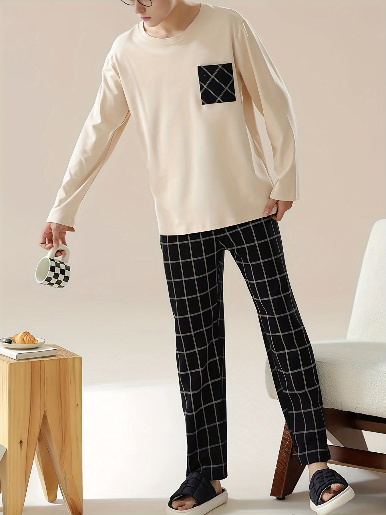 Men's beige long sleeve pullover with pocket, plaid pants in a soft and comfortable sleepwear set. Casual style, regular fit in knit polyester blend fabric - perfect for all seasons.