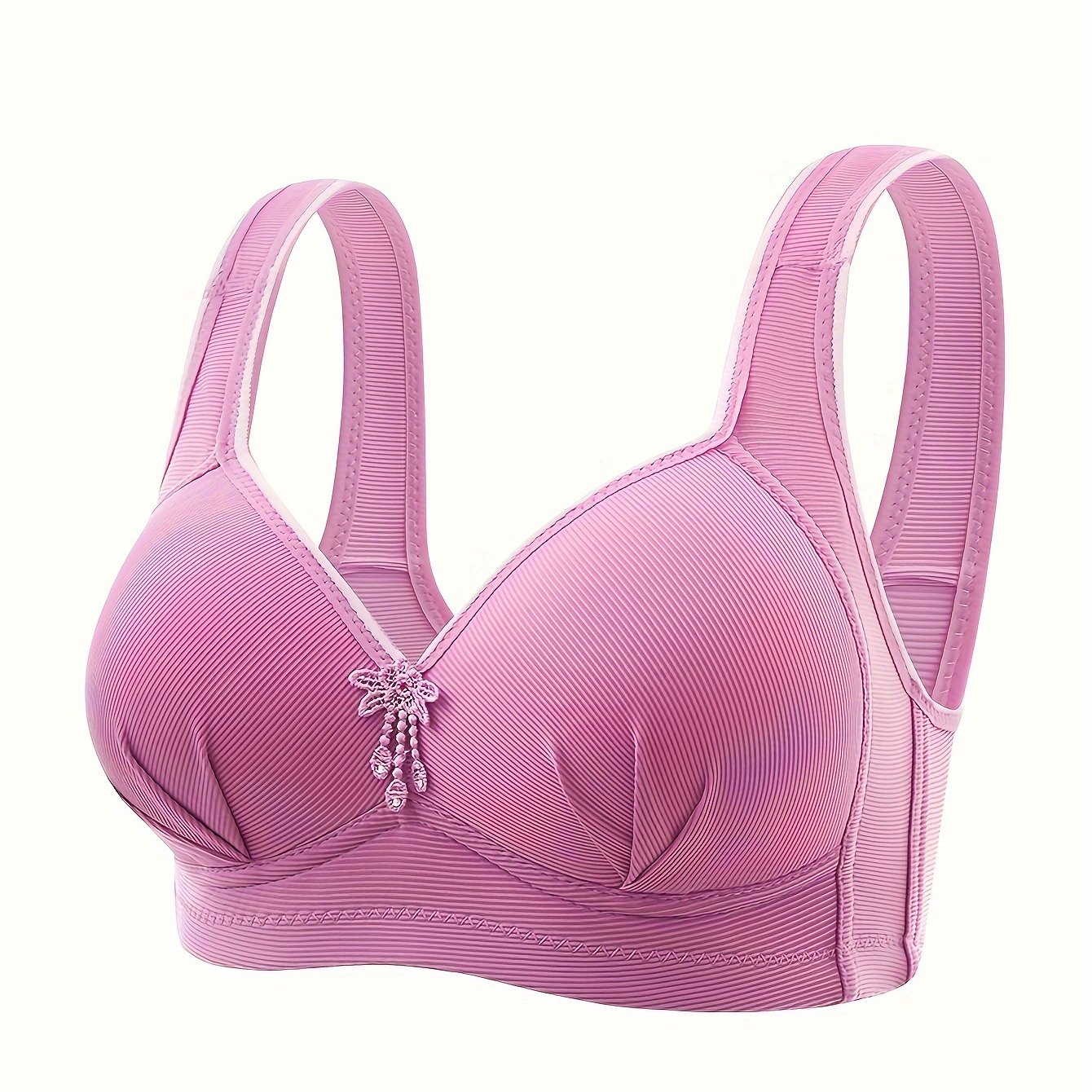 Elegant Push-Up Bra for Mature Women - Comfortable, Wireless, Full Coverage with Decorative Bow Detail, Supportive and Non-See-Through Nylon Blend