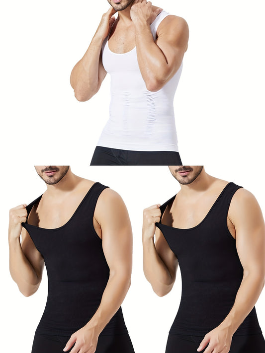 Men's Thermal Compression Tank Top for Abdomen Slimming, Sleeveless, Casual Style, Hand Washable, High-Stretch Nylon Fabric.