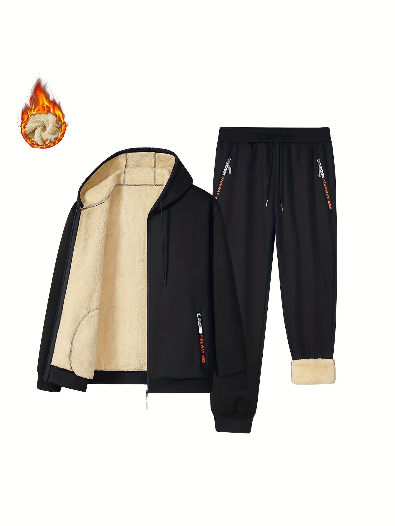 2-piece men's set: Fleece lined zip-up hooded coats with zipper pockets and drawstring pants for casual autumn and winter outfits.