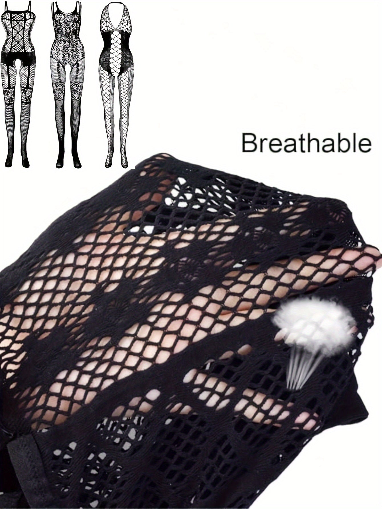 Women's fishnet lingerie set including bodysuit, tights, and stockings in a sexy lace design.