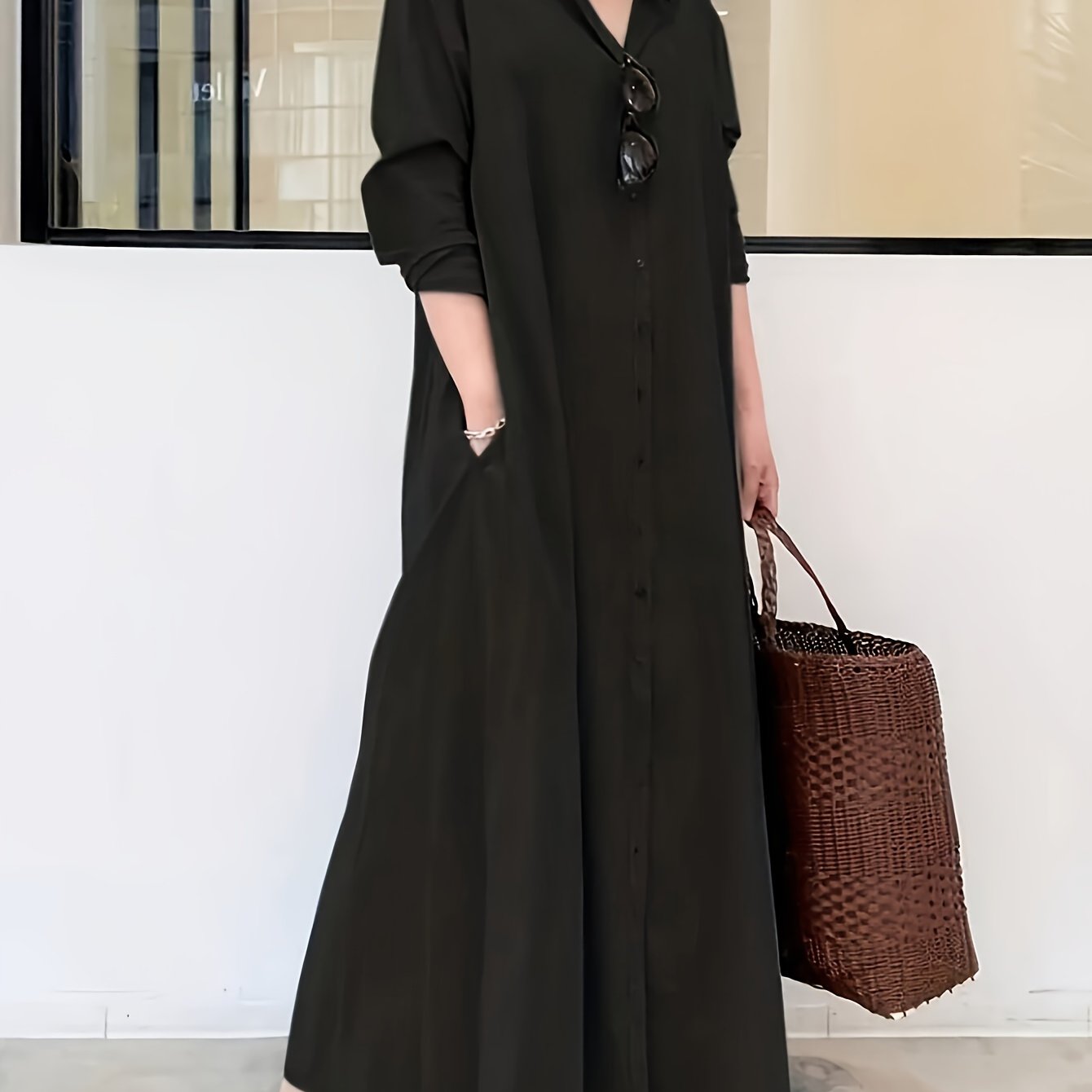 Elegant olive green maxi shirt dress in minimalist design, made from chic non-stretch polyester. Features a collar and is machine washable. Versatile for all-season wear by women.