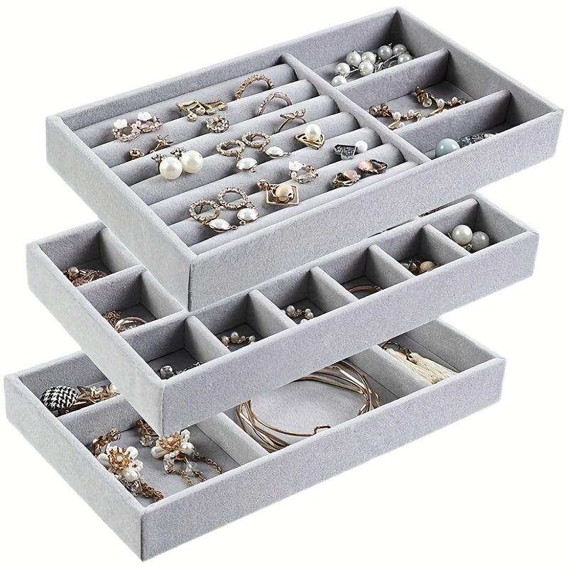 Velvet jewelry tray, display stand, and stackable storage box for earrings, rings, and necklaces.