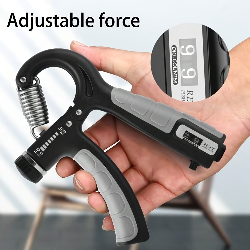 Portable finger trainer with counter for hand & arm workouts, rehabilitation, and muscle building.