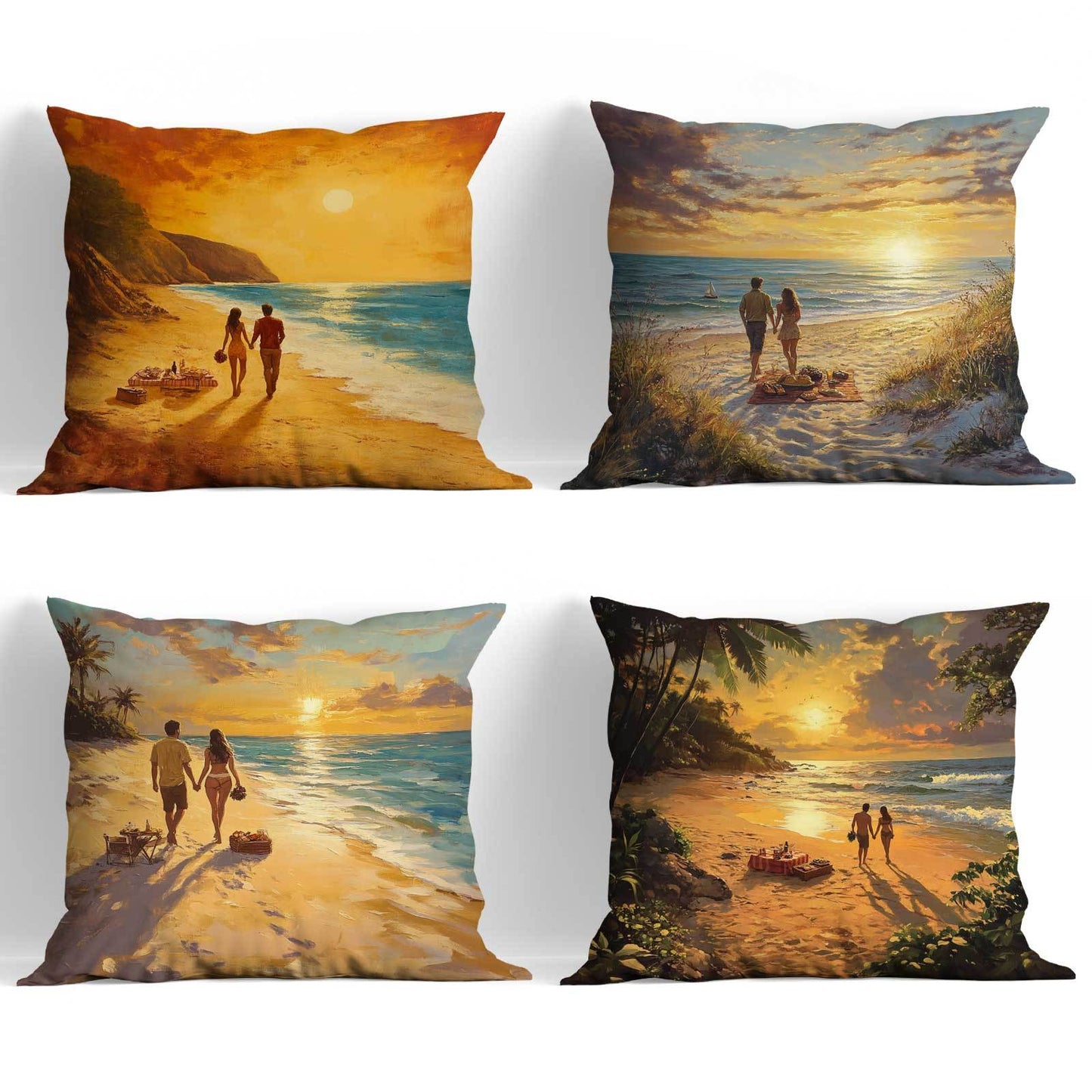 Coastal Sunset Beach Walk Cushion Covers set of 4, featuring a contemporary style with a fantasy theme. Perfect for all seasons, these pillowcases have a zipper closure for easy removal and are machine washable. Made of polyester, they are ideal for