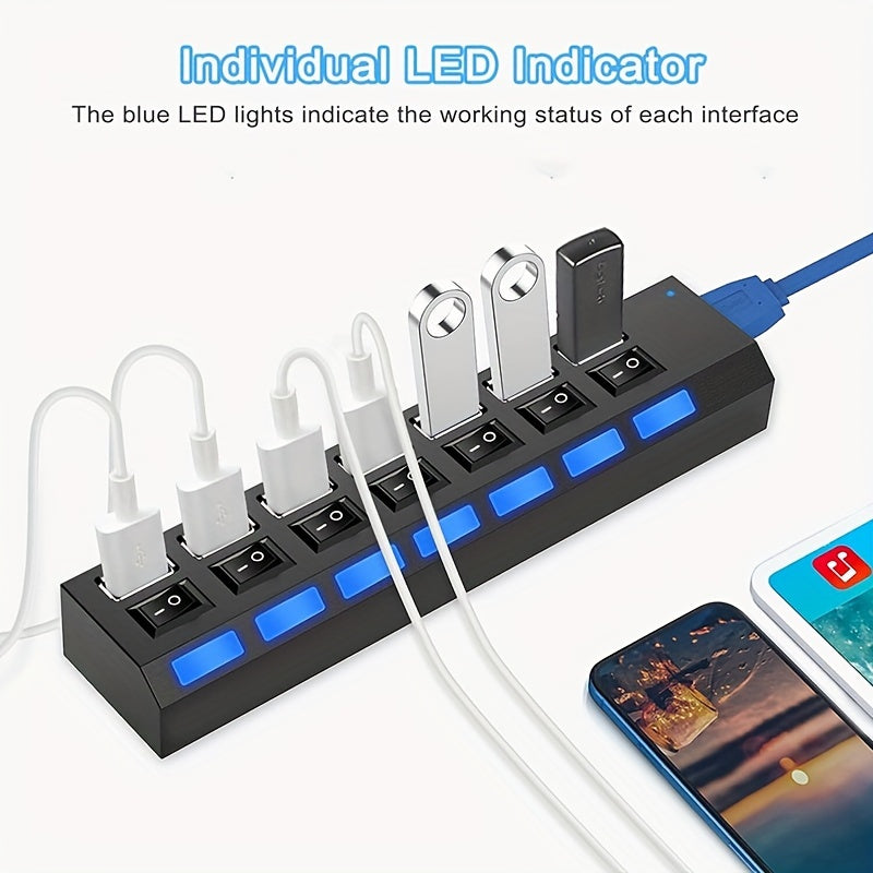 USB 3.0 Hub with 7 Ports, LED Switch, Fast Data Transfer, Universal Compatibility, Durable Design, No Battery Needed.