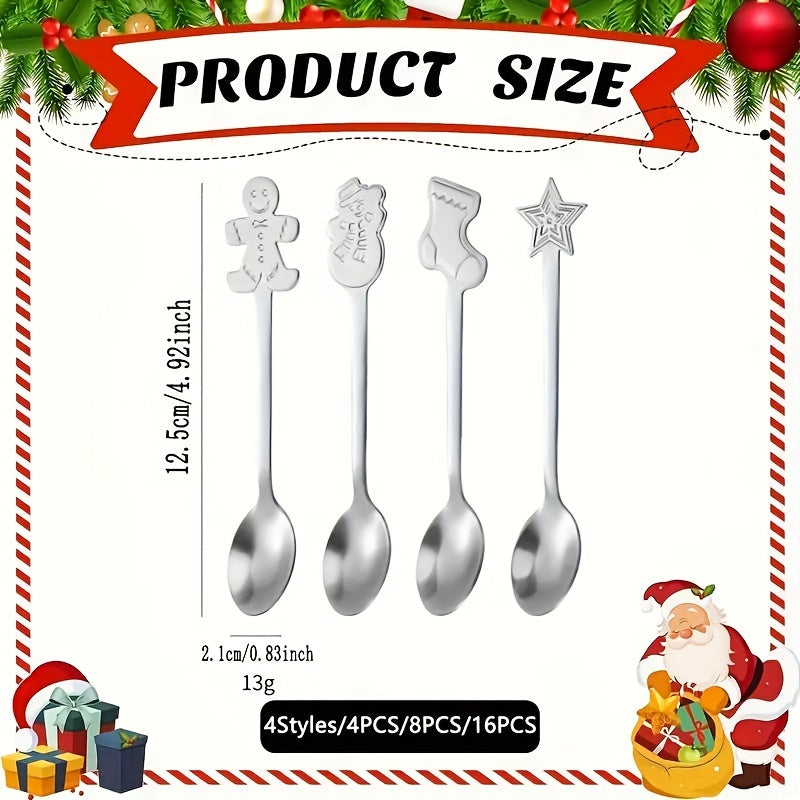 Get a set of 12/20 charming Christmas spoons made of top-quality stainless steel. These mini spoons are ideal for stirring coffee, tea, cocktails, milkshakes, and jams. They make the perfect festive table decoration for Christmas parties with 4 different