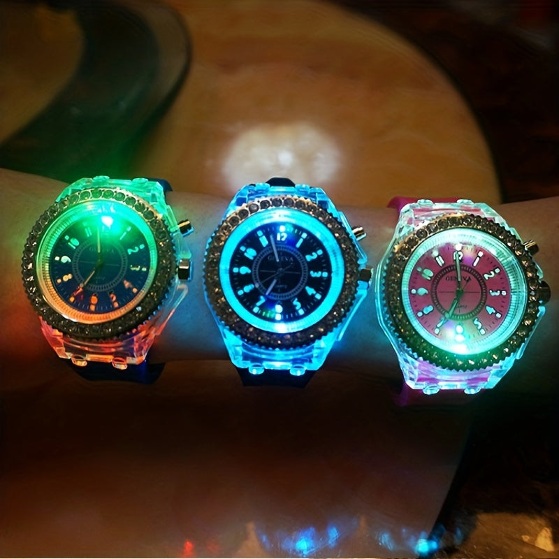 Glow-in-the-Dark Silicone Watch with Rhinestone Accents, LED Time Display for Men, Women, & Youngsters, Quartz Movement, Casual Fashion Accessory, Fun Nightwatch, Analog Display, Silicone