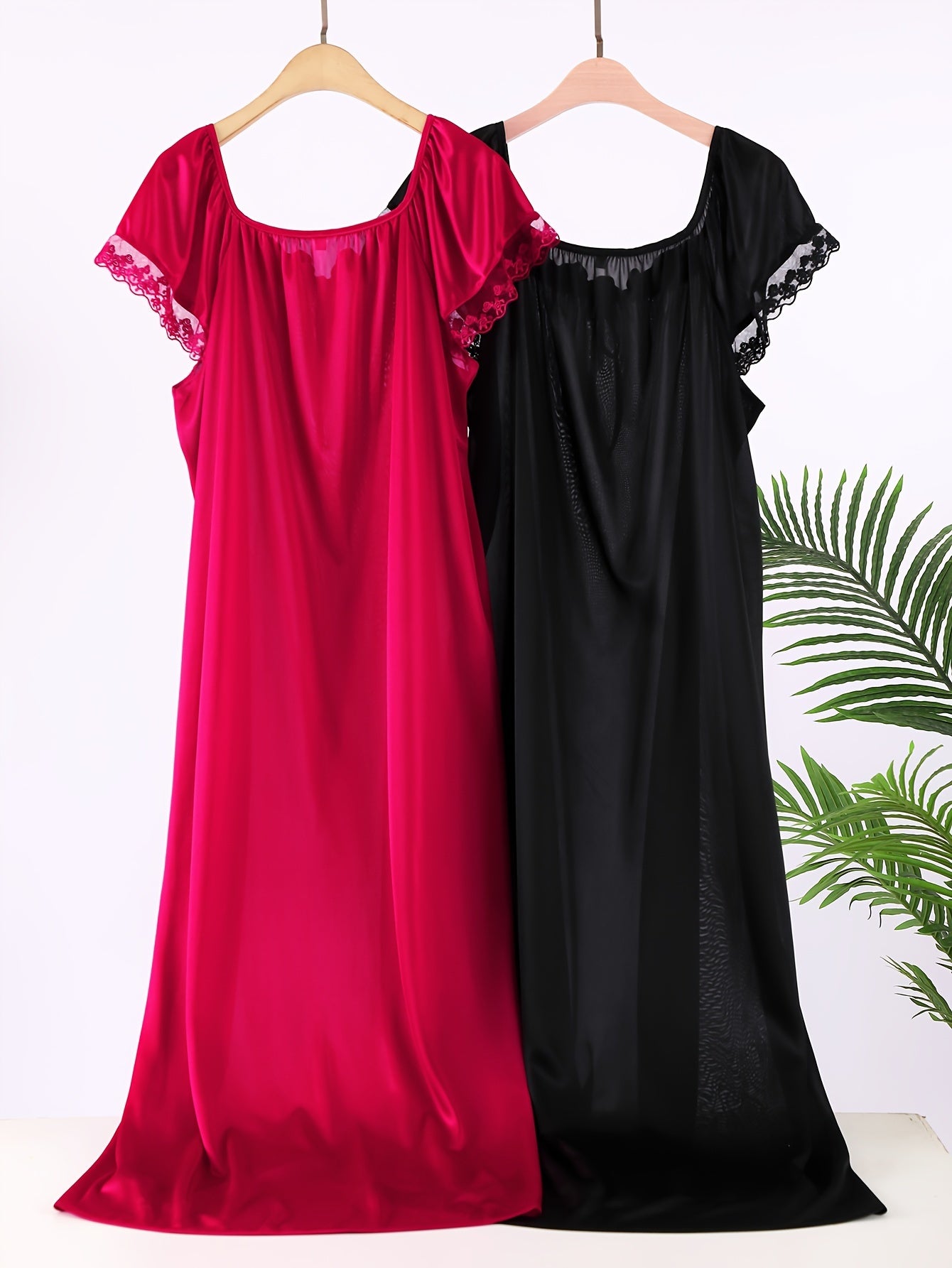 2 women's satin sleep dresses with lace trim, square neck, short sleeve nightgowns in red & black, polyester blend for spring/summer lingerie sleepwear