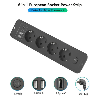 European plug 8-in-1 power strip with 4 USB ports, 4 AC sockets, and 179.83 cm cord. Ideal for use in various rooms.