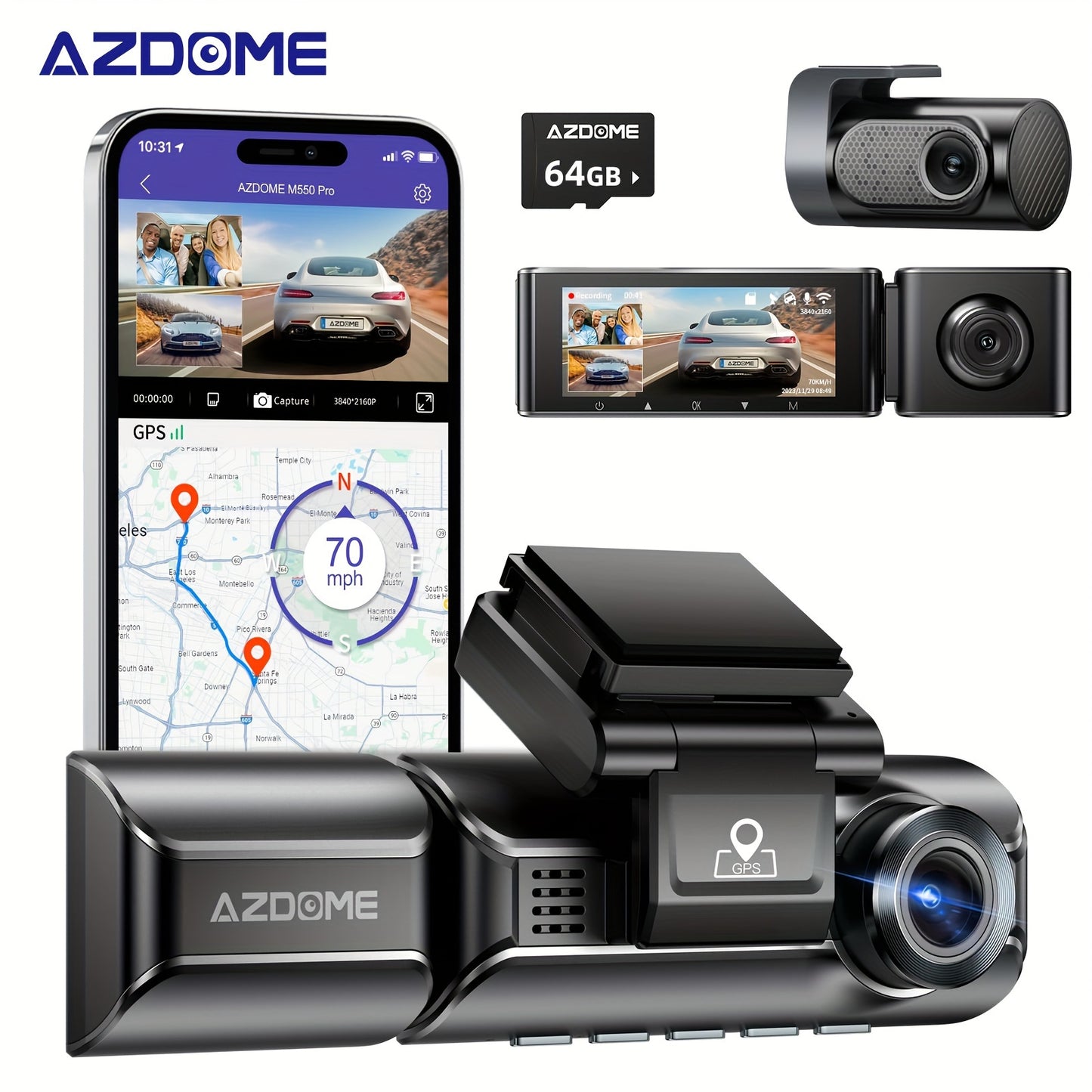 4K 3-channel dash cam with built-in 5GHz WiFi, GPS, 64GB card, front inside rear 1440P+1080P+1080P, night vision, parking monitor.