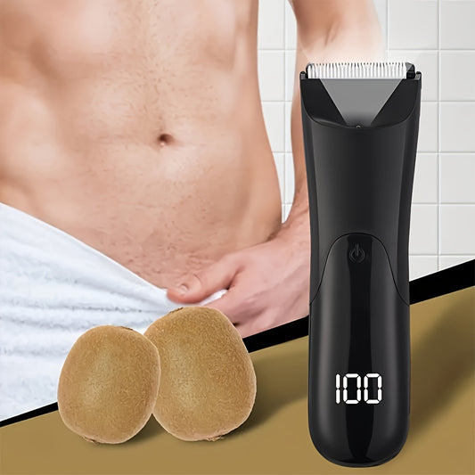 Electric trimmer for men's body and groin hair with ceramic blade head and USB rechargeable 500mAh lithium battery.