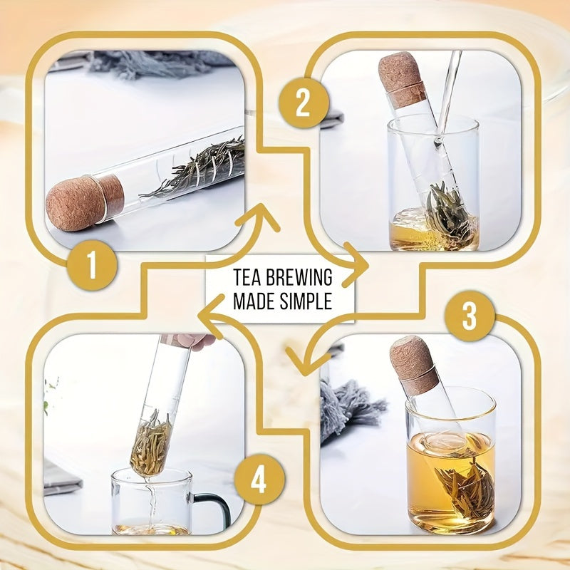 Glass tea infuser with cork lid that is easy to use and perfect for brewing loose leaf and herbal tea. Features a transparent test tube design, ideal for use in the office, camping, or home kitchen. A must-have tea accessory.