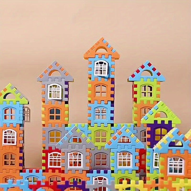 140-piece Educational DIY Construction Toy Set with Creative Cube Blocks, Windows & Walls, Large Size, Interlocking ABS Material, Ideal Birthday Gift for Ages 3-6.