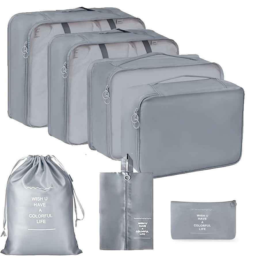 7-piece set of polyester travel organizer bags for large capacity luggage sorting and clothes storage.