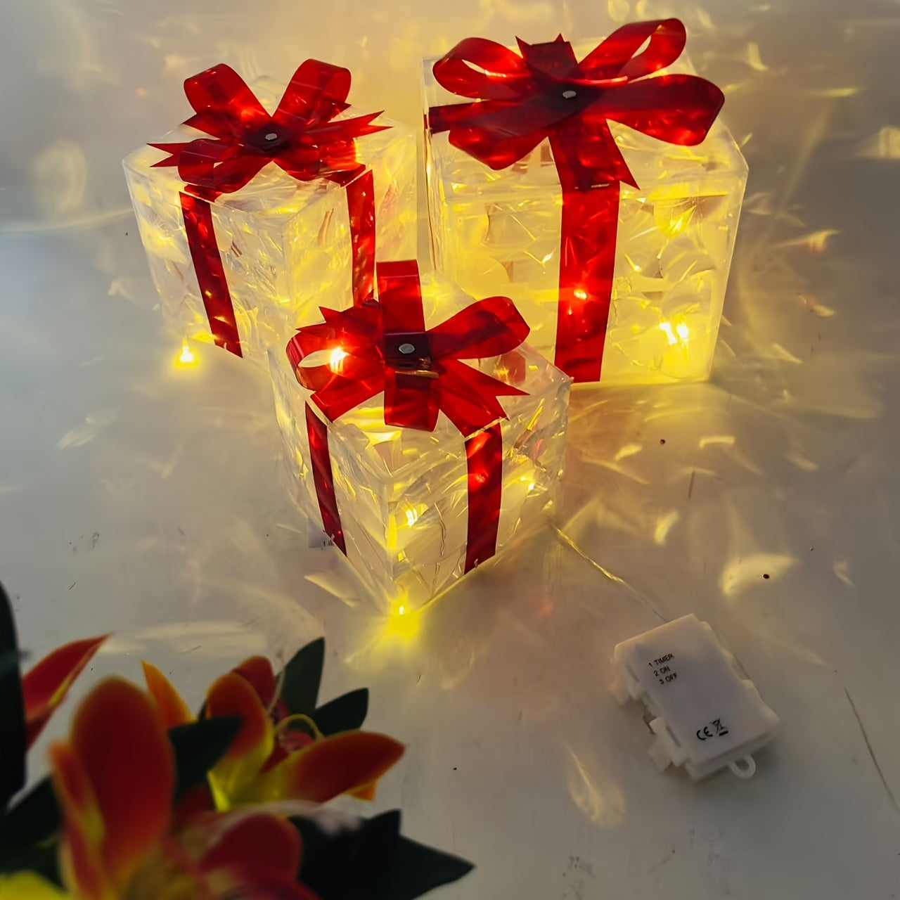 3 Classic LED Lighted Gift Boxes with Red Bows, Battery Operated, Batteries Not Included, Ideal for Holiday Decorations.