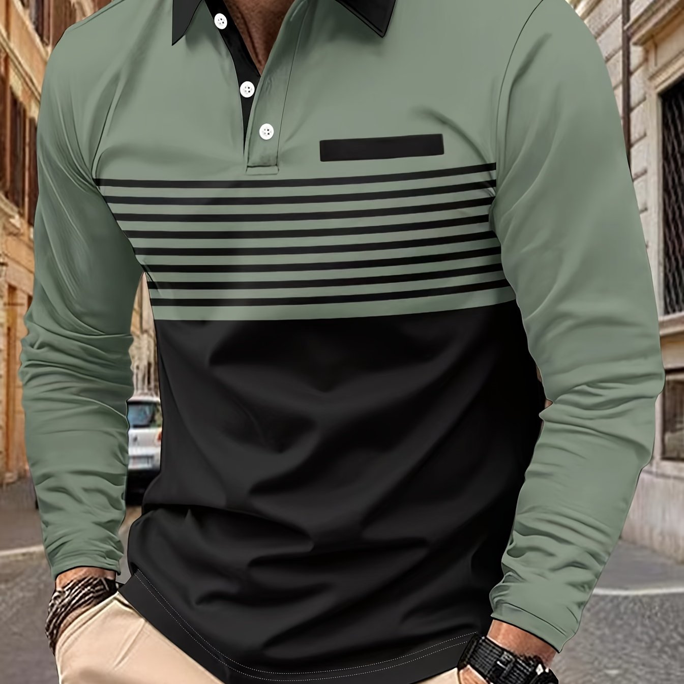 Men's color blocked long sleeve lapel golf shirts with a striped pattern print, perfect for spring and fall, featuring a casual style, slight stretch, and regular fit.