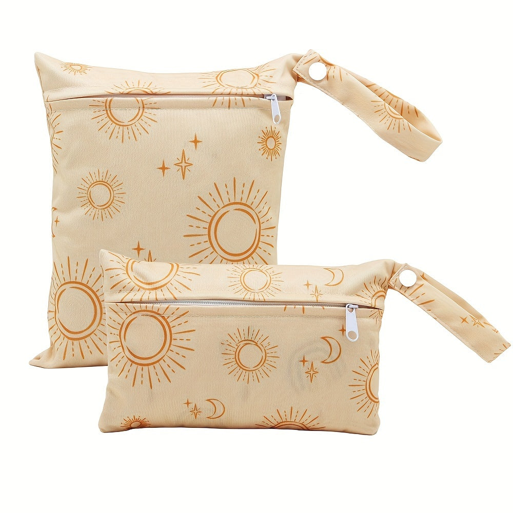 Set of 2 Boho Sun Print Waterproof Diaper Bags - Multipurpose Wet/Dry Nappy Pouches & Cosmetic Organizer with Zipper Closure, Ideal for Travel Toiletries & Essentials