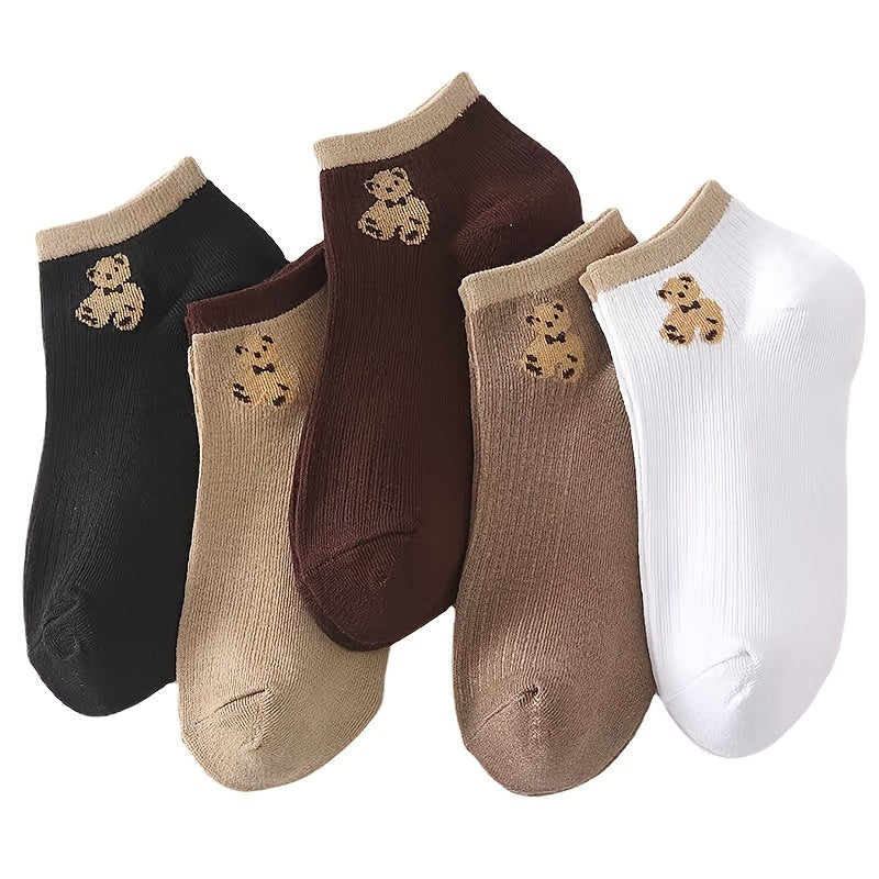 5 chic teddy bear low-cut ankle socks for women in assorted colors (black, brown, beige, white, maroon), made from a comfortable blend of polyester and spandex with ribbed texture and cute