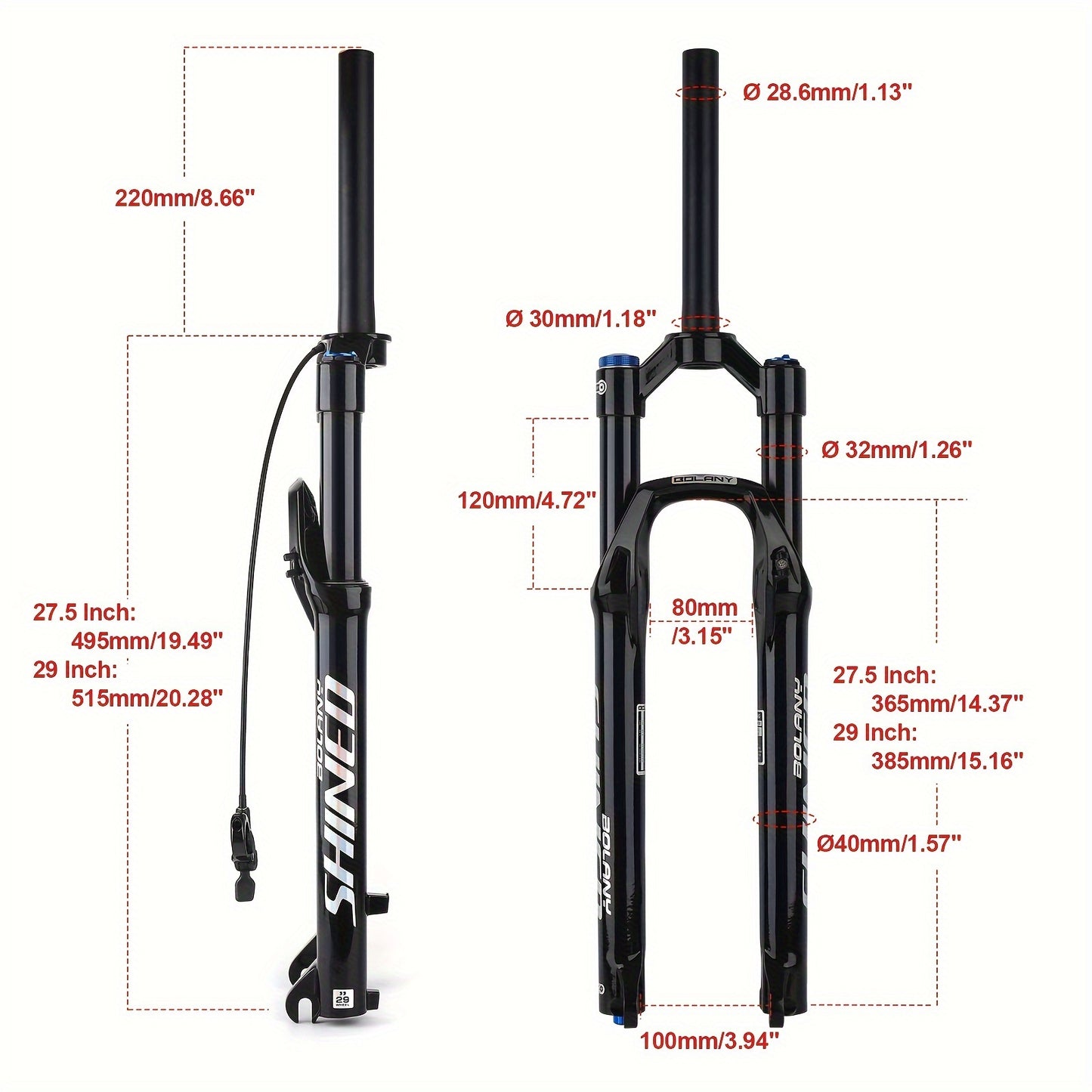 BOLANY Mountain Bike Air Suspension Fork - Lightweight aluminum alloy with 120mm travel, universal fit, quick release 9x100mm, black (1 Pack)