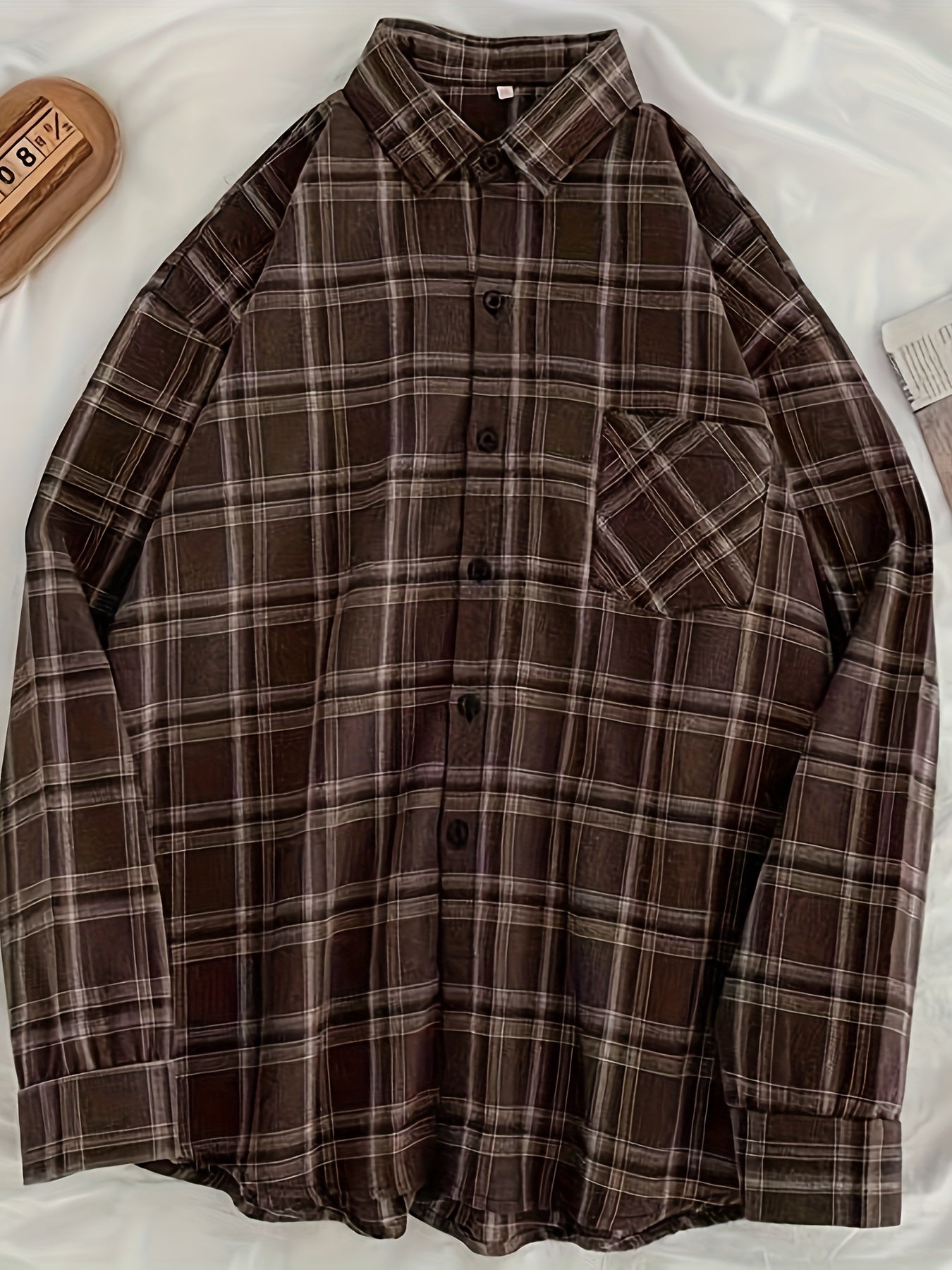 Vintage plaid shirt for large women with loose fit and long sleeves.