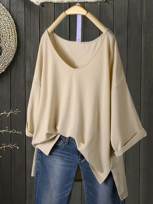 Stylish V-Neck Knit T-Shirt in Polyester, Solid Color, Slight Stretch, All Seasons, 180 g/m²