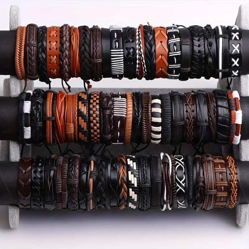 Set of 10, 20, or 30 Faux Leather Bracelets for Men and Women, Perfect for Christmas, Thanksgiving, and New Year Gifts. These Fashionable Retro Black and Brown Alloy Faux Cowhide Woven Bracelets are Adjustable and Stylish.