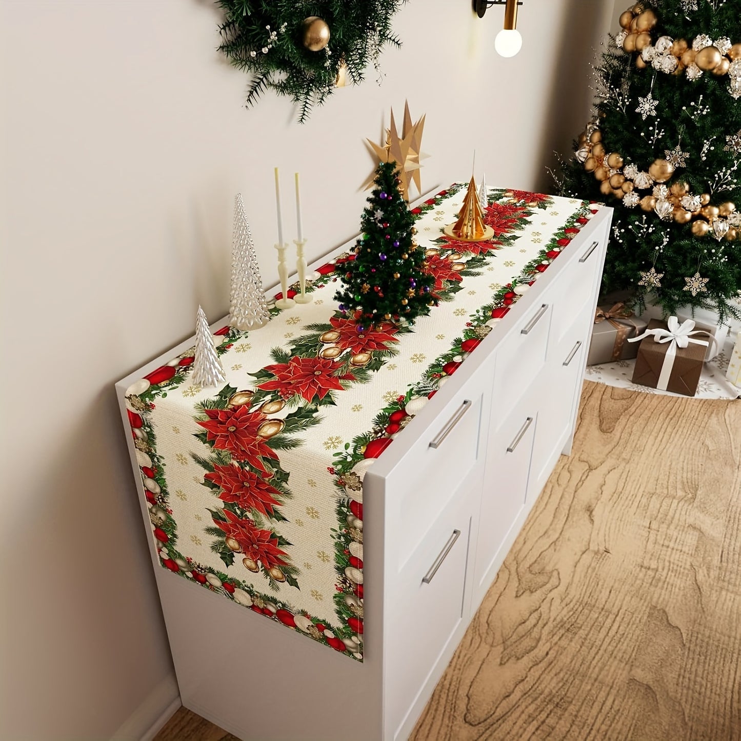 Snowflakes Christmas Linen Table Runner in various sizes for home decoration.