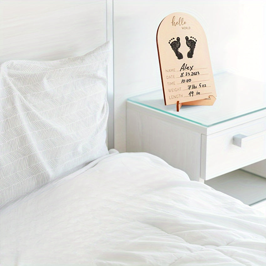 Wooden ultrasound photo frame with sign, ink pad. Perfect gift for new parents. Decorative room accessory and cherished memories display. Ideal shower keepsake.