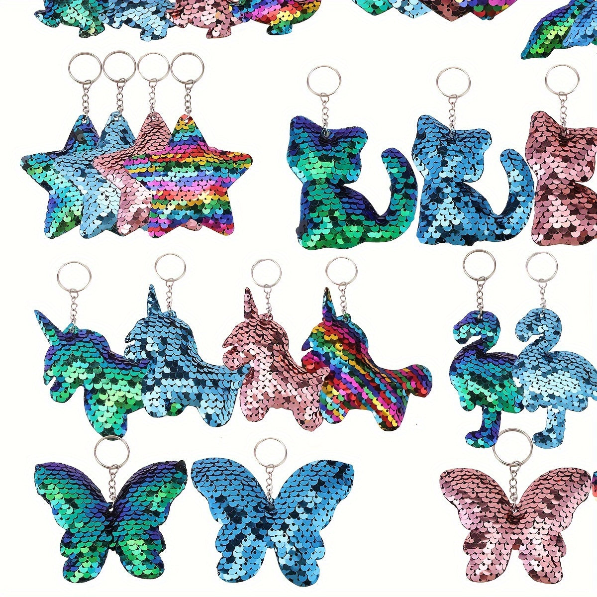 Set of 32 Sparkling Sequin Keychains featuring Flamingo, Mermaid Tail, Butterfly, and Unicorn shapes - Ideal for Party Favors, Birthday Gifts, and Back-to-School Decor.