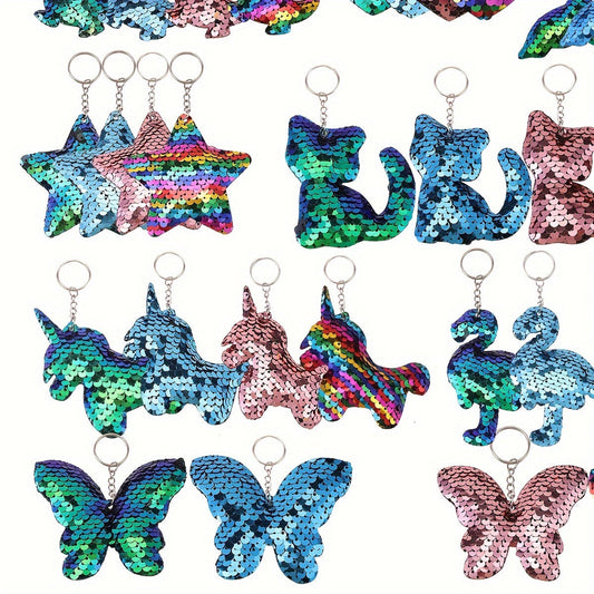 Set of 32 Sparkling Sequin Keychains featuring Flamingo, Mermaid Tail, Butterfly, and Unicorn shapes - Ideal for Party Favors, Birthday Gifts, and Back-to-School Decor.