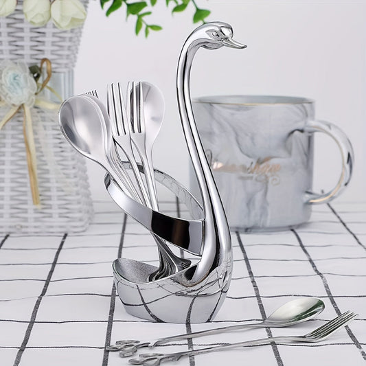 Top Pick! Set of 7 Includes 1 Zinc Alloy Swan Base with 6 Stainless Steel Leaf Coffee Spoon Forks. Mirror Polished Finish, Perfect for Restaurants, Families, and Parties. Durable and Reusable, Heavy-duty Base.