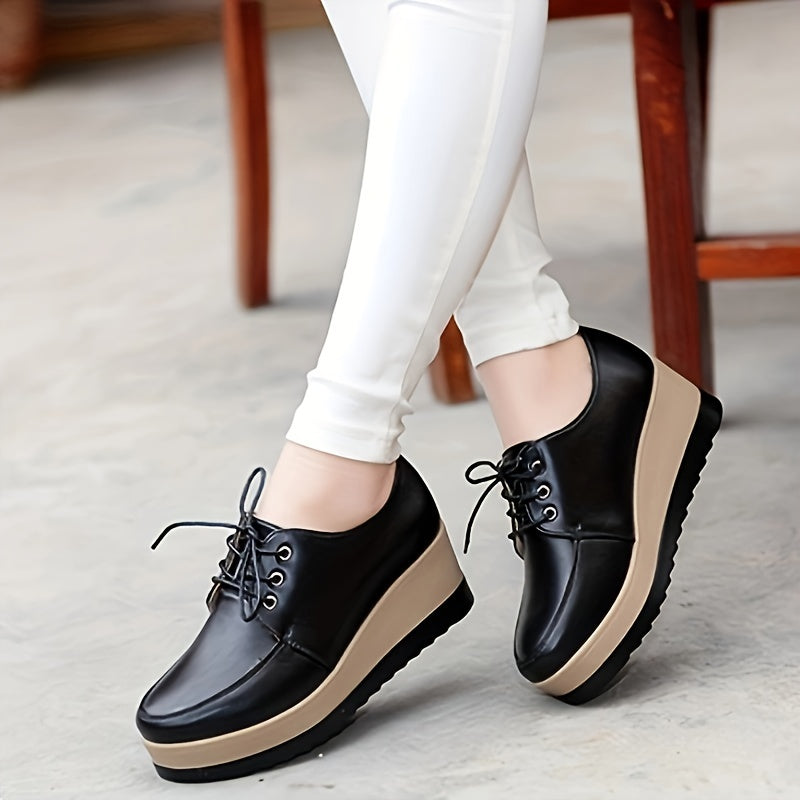 Women's lace-up platform wedge loafers with round toe, heightening design, and versatile style.